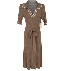 Madison +‎ Hudson Tan Rib Knit Midi Sweater Dress Belted Collared NWT Size M